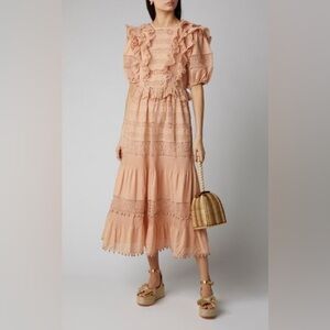 ULLA JOHNSON Dress Pink Crochet Broderie Anglaise Cotton Maxi Dress Size 10‎
